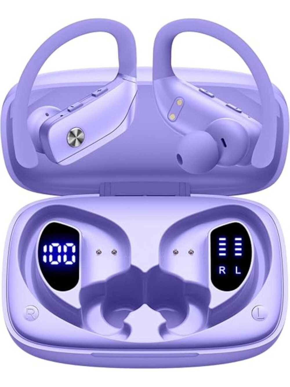 Purple Wireless Earbuds Bluetooth LED Display Ear-hooks Built-in Mic Headset